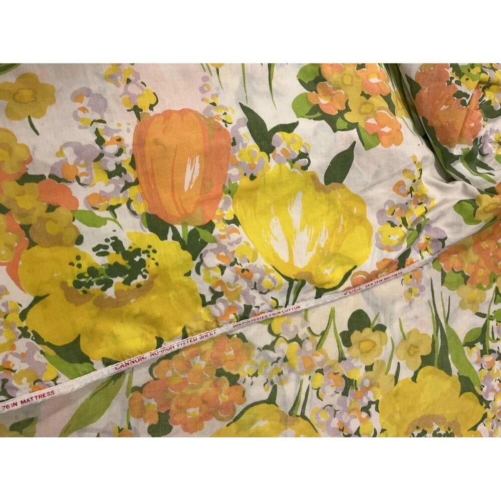 VTG Cannon No Iron Full Fitted Sheet 70s Tulips Floral Orange Yellow Green Craft